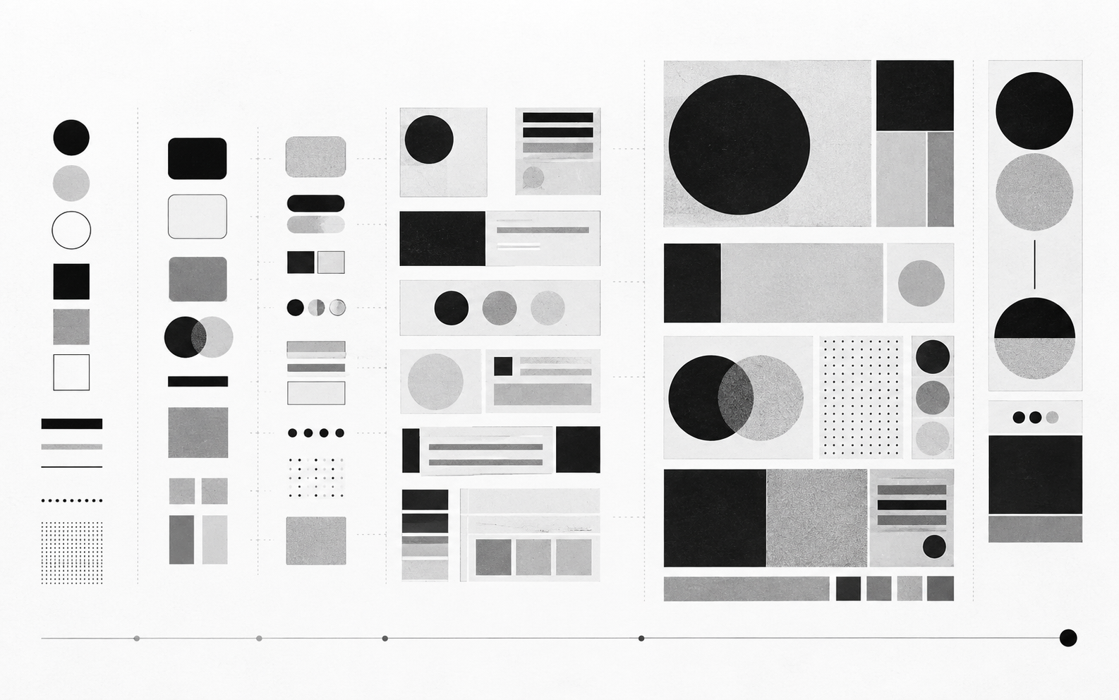 Abstract editorial composition of modular interface components representing a scalable design system